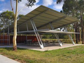 Moluccana Pavilion set amongst towering trees, Rouse Hill Regional Park. Photo: David Bush ©