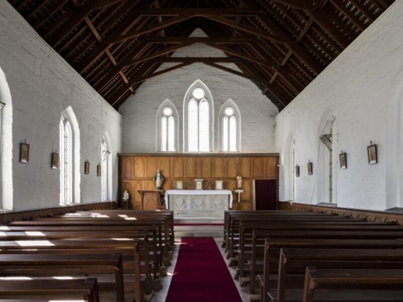 The interior of St Bernard's Church looking towards the altar in Hartley Historic Site. Photo: