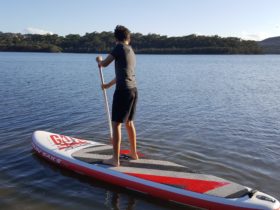 Child standing on a SUP and paddling