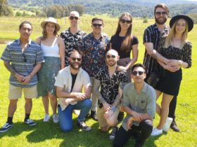Group of friend posing at Silos Estate on a Kenny Escapes Wine Tasting Tour