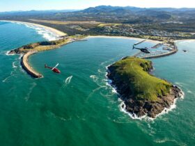 Coffs Harbour with the harbour, Muttonbird Island and two scenic helicopters in view
