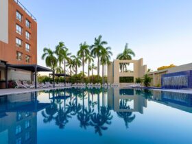DoubleTree by Hilton Esplanade Darwin's outdoor swimming pool, the biggest pool in Darwin CBD.