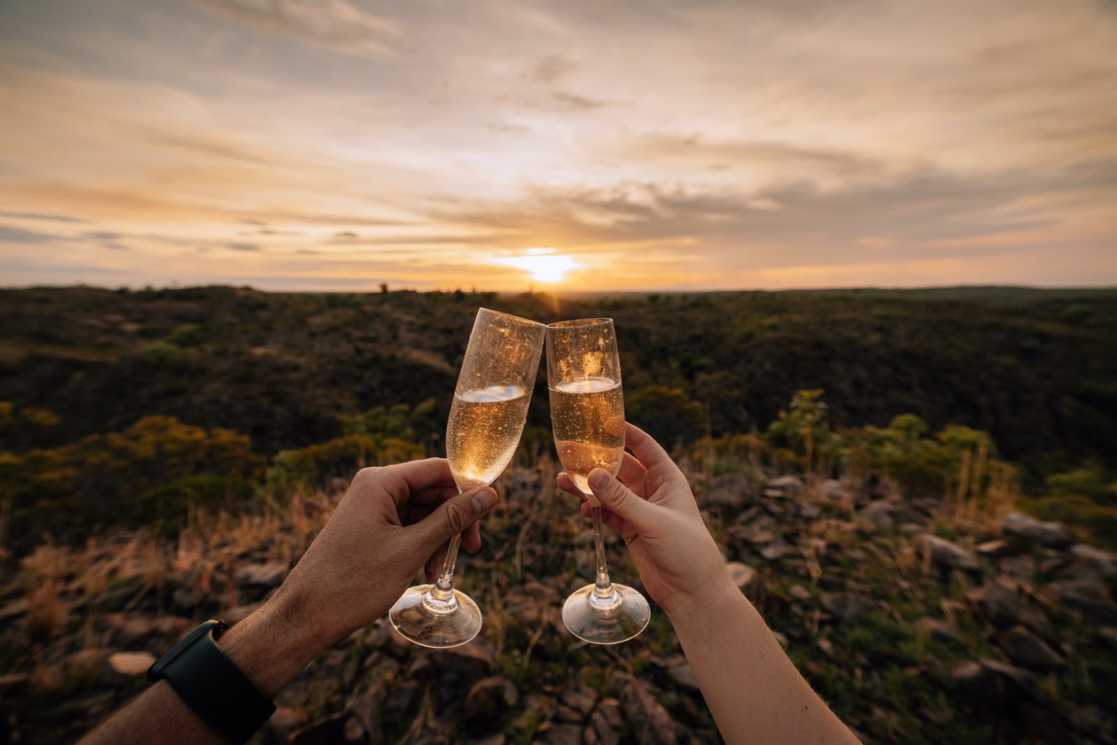 photo of champagne glasses clinking at sunset