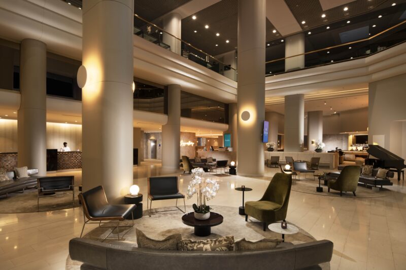 Hilton Darwin luxury lobby area in Darwin city, mood lighting warm modern lobby