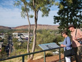 A couple reading informational signage on top of Anzac Hill in Alice Springs
