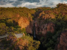 Aerial view of couple standing on a lookout gazing at Tolmer Falls in Litchfield National Park