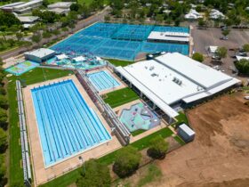 Aerial shot of SWELL precinct. Includes pools, splash zone, high ropes course, basketball half court