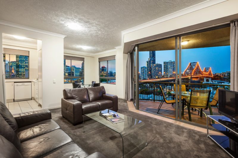 Magnificent view of the story bridge from the lounge of a 2 bedroom Apartment