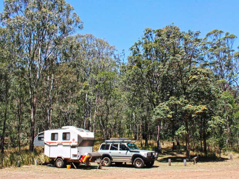 4WD and caravan set up near forest.