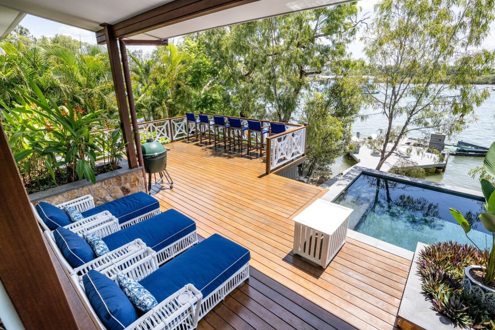 Outdoor decking and pool overlooking the Noosa River