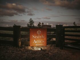 Sixty6 Acres entry sign at the front gate at dusk