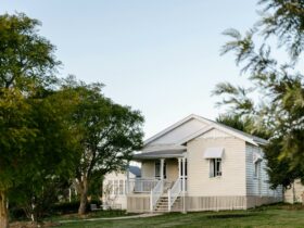 Front of The Nesting Post, a quaint 1929 restored Queenslander timber workers cottage with veranda.