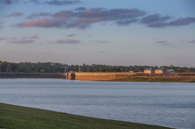 The North Pine Dam wall, which seperates the Dam and Lake Samsonvale is visible from Bullocky Rest