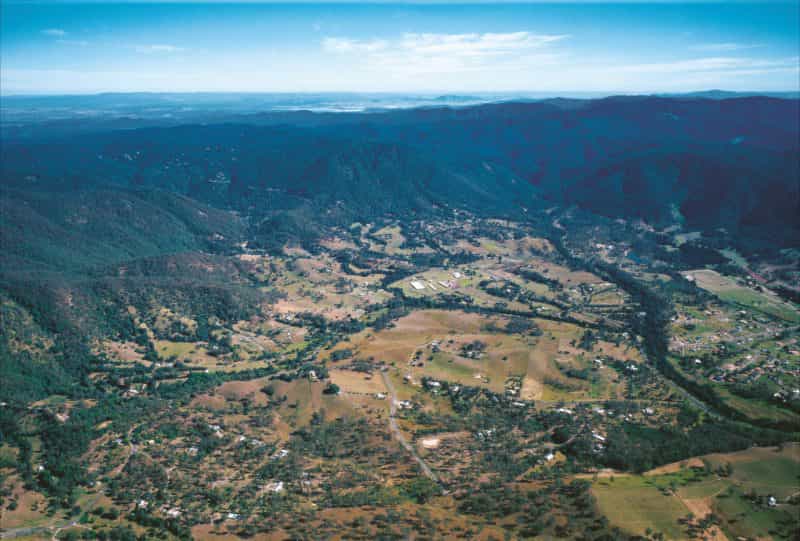 view over valley with rural development.