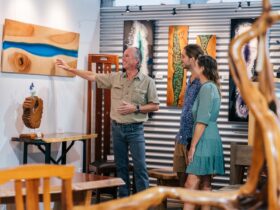 Visitors to David Suters Timbercraftsman Gallery Eumundi viewing timber art and meeting the maker