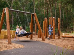 Children playing on swing and play equipment