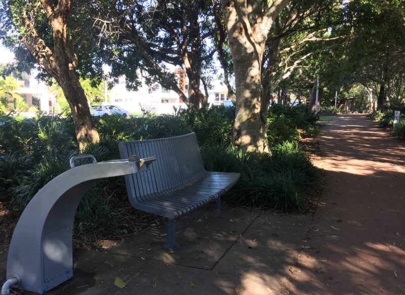 photo showing part of the Hervey Bay Coastal pathway with water station and bench seat under trees