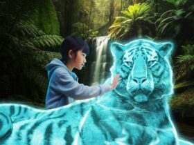 A child is patting a blue, holographic tiger