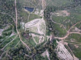Aerial view of our Kids track, Motocross tracks & Supercross track including Hill Climbs and Dam.