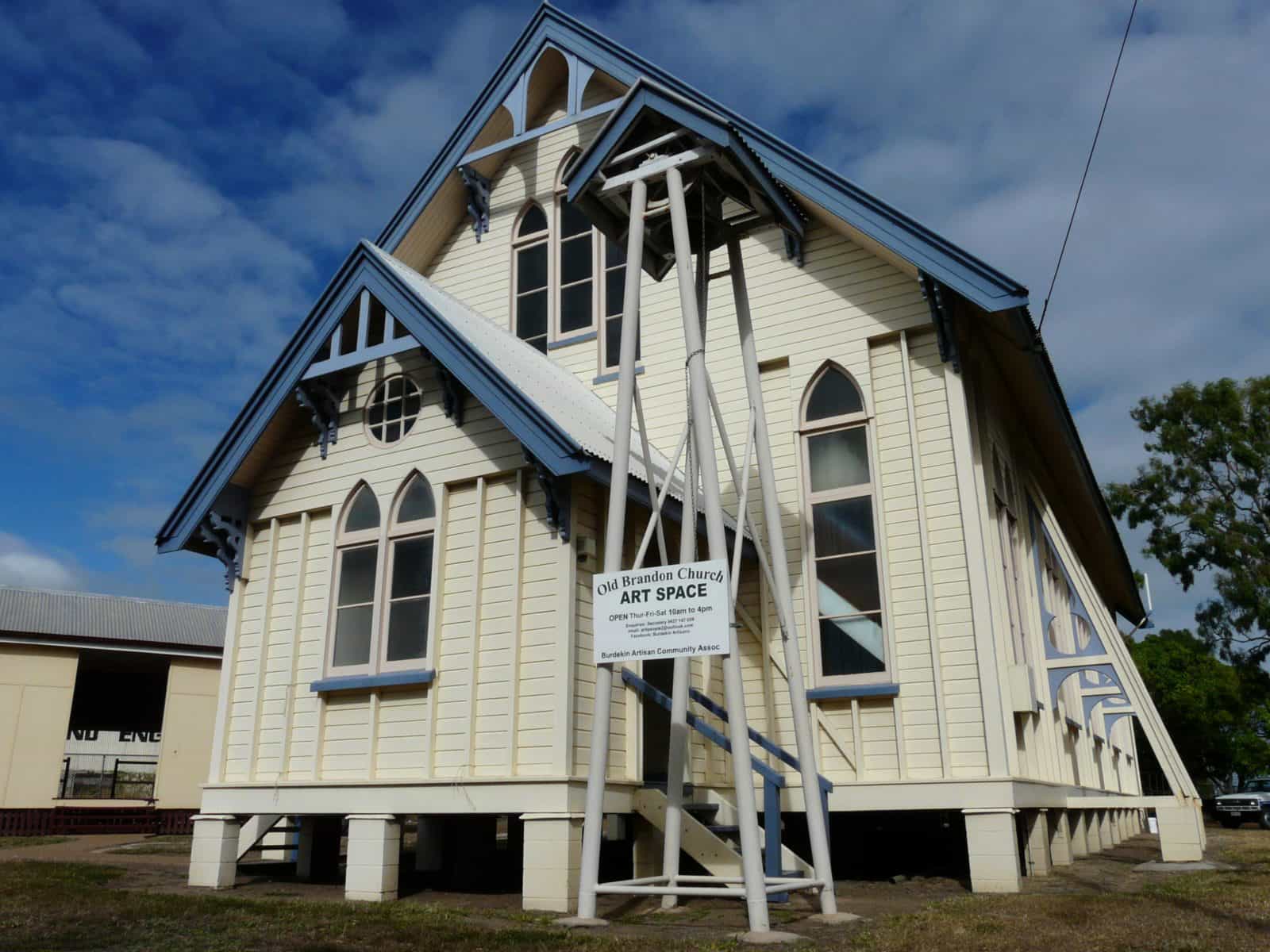 Formerly St Patrick's Catholic Church, the Old Brandon Church is listed on the Registers of both the National Estate and the National Trust of Queensland, and is now open as a gallery space by the Burdekin Artisans.