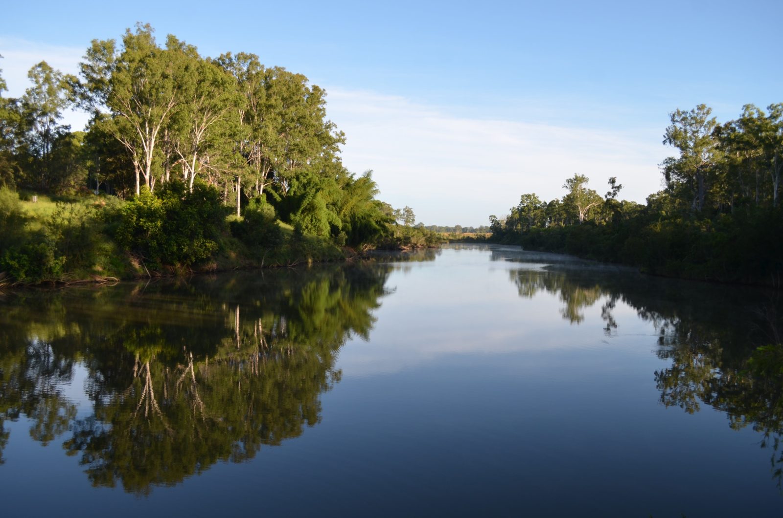 photo showing the Mary River at Tiaro with a calm reflective surface and lined by trees