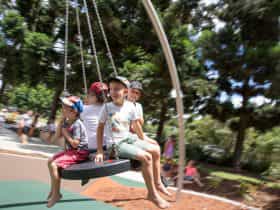 Four kids sitting on a large round swing at Pine Rivers Park