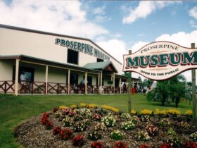 An outside photo of the museum building with the Museum sign in the front surrounded by flowerbeds