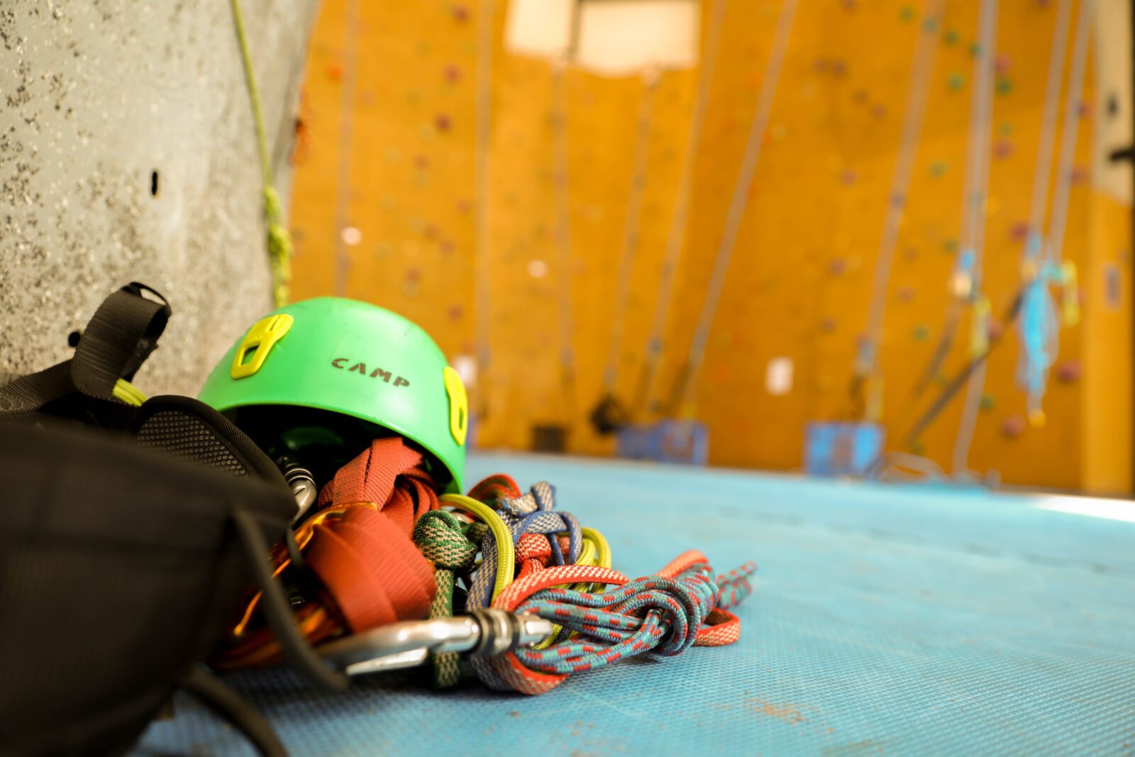 Ropes, harness and helmet for rock climbing