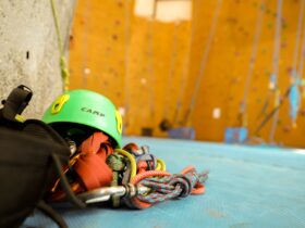 Ropes, harness and helmet for rock climbing