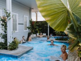 Soak and connect with friends in the outdoor hot mineral pool at Soak Bathhouse Mermaid Beach