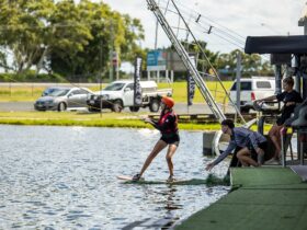 Young women learning how to wakeboard at Wake House Australia in Mackay