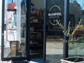 Image of Washpool front doors with olive trees outside.