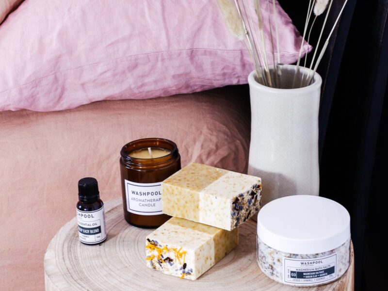 Image of Sleep Easy range, including essential oils, candle, luxe soap and magnesium bath salts.