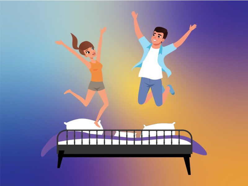 Cartoon couple jump for joy on bed