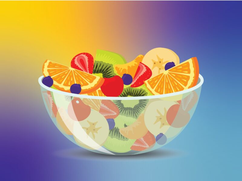 Cartoon fruit bowl with oranges, banana, strawberry, blueberry and kiwi