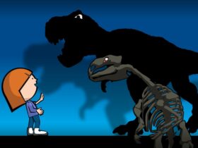 Cartoon child interacting with dinosaurs