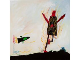 An oil painting of two robots, one on fire, the other attacking.