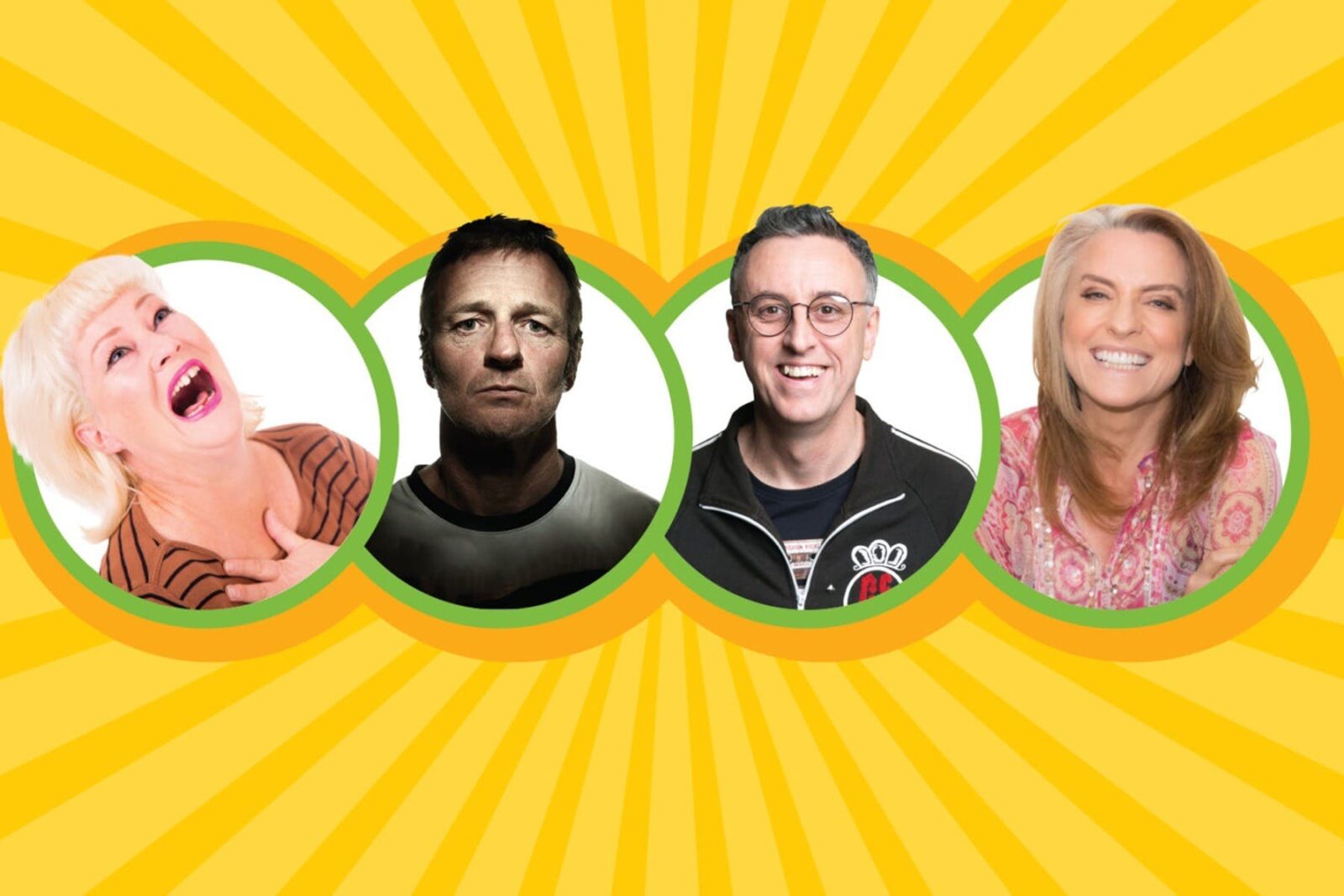 Four circles on a yellow background with pictures of four people shoulder up, smiling