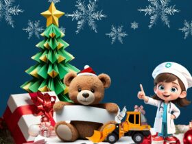 Dark background with images of Christmas tree, and toys such as a teddy bear and toy dozer.