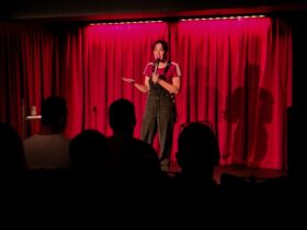 Bec Charlwood performing at Comedy Underground for Based Comedy at HOTA
