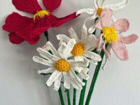 Large crocheted flowers on stems