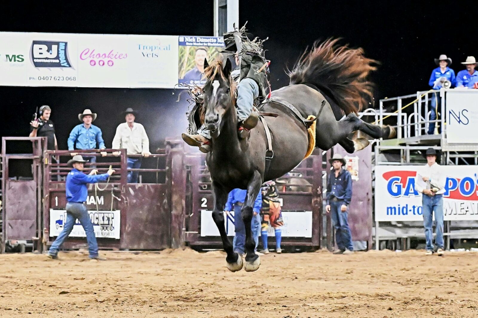 Travis Heeb getting into the rhythm in the Open Bareback on Easy Rockin from M S Masters & Sons