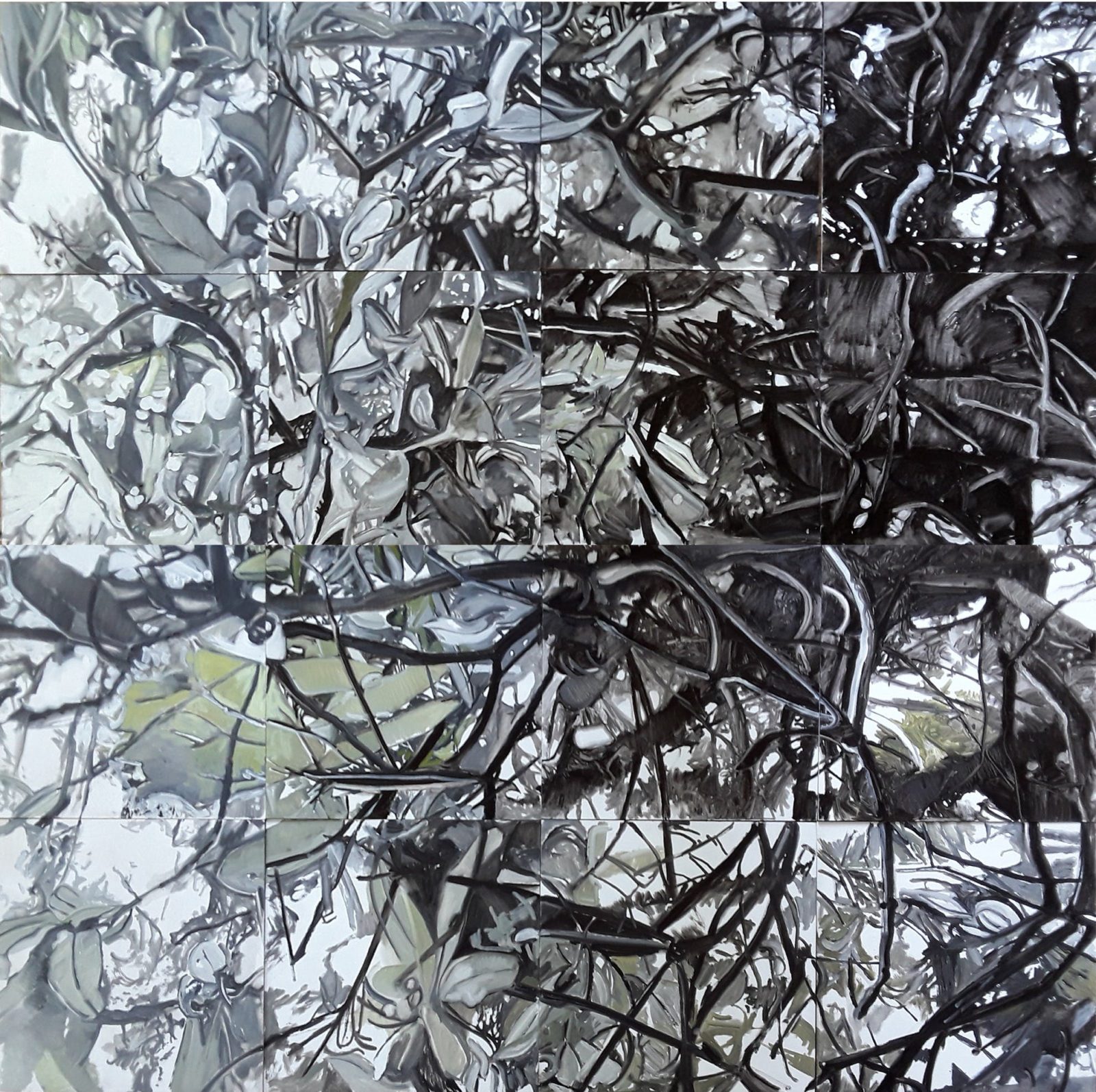 abstract painting of mangroves with black, white and green