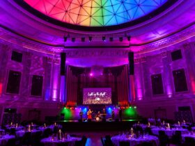 Vibrant scene in the main auditorium of Brisbane City Hall during the Light Up the Night Gala