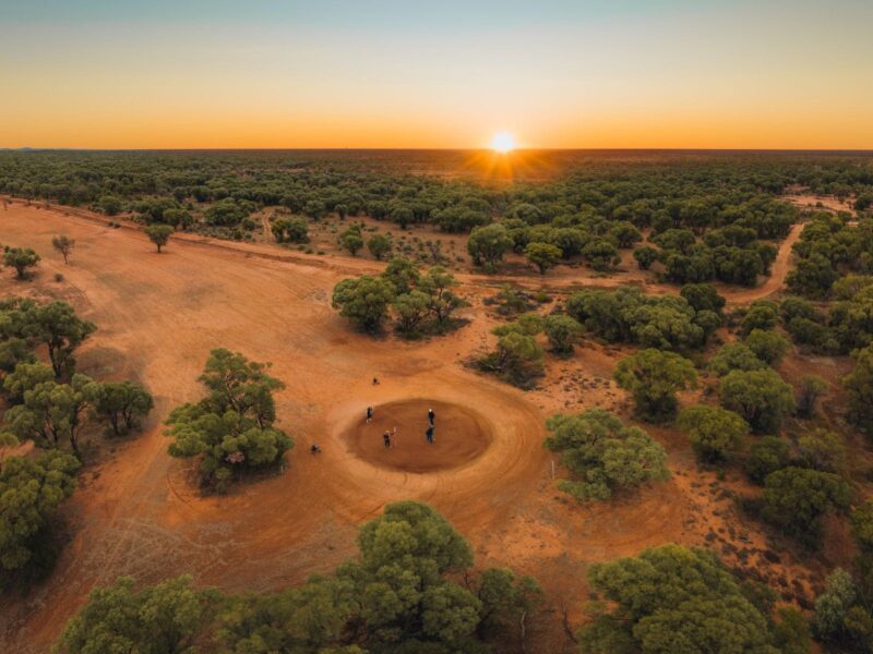 Drone view of sand greens Quilpie Golf Course at Sunrise