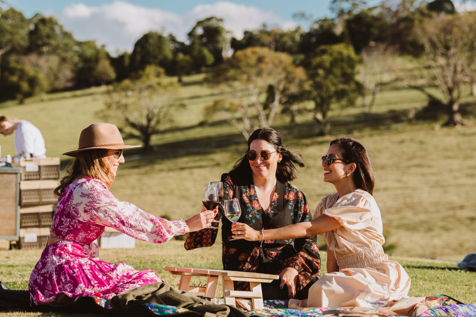Three women enjoying a picnic, raising their glasses in a toast, with the stunning rolling hills of