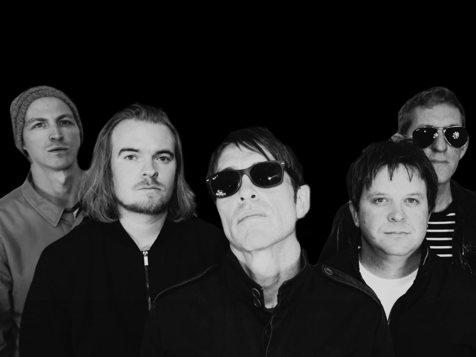 Wonderwall Oasis Tribute Band Photo in black and white. Two of the five members are wearing glasses