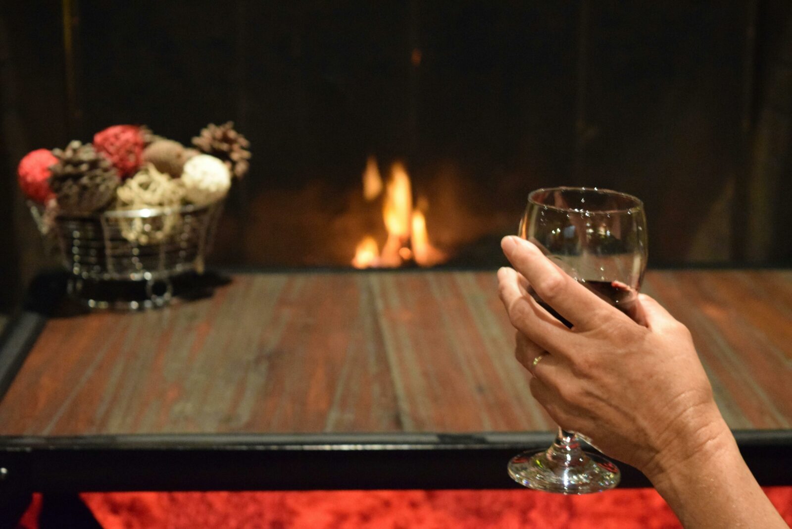 Wine by the fire at the Aussie Beef Steakhouse, Stanthorpe