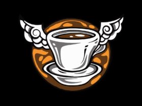 Caffiend logo - a cartoon coffee cup with wings
