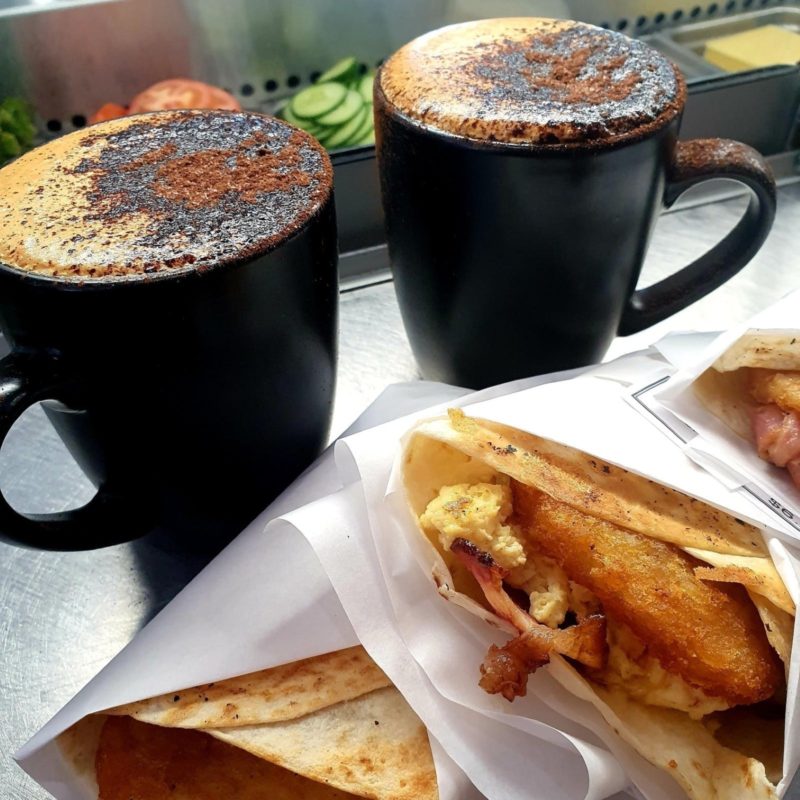 Coffee and breakfast wrap